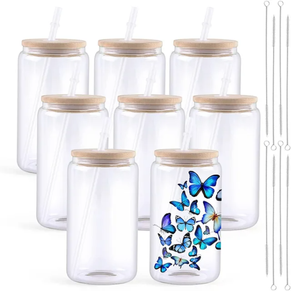 Glass Sublimation Jar Blank with Bamboo Lid and Straw – Set of 12