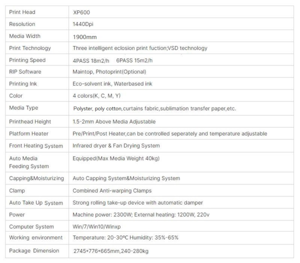 1.9m/6.2ft Dye Sublimation Printer with XP600 Printhead for Poly Cotton - Image 4
