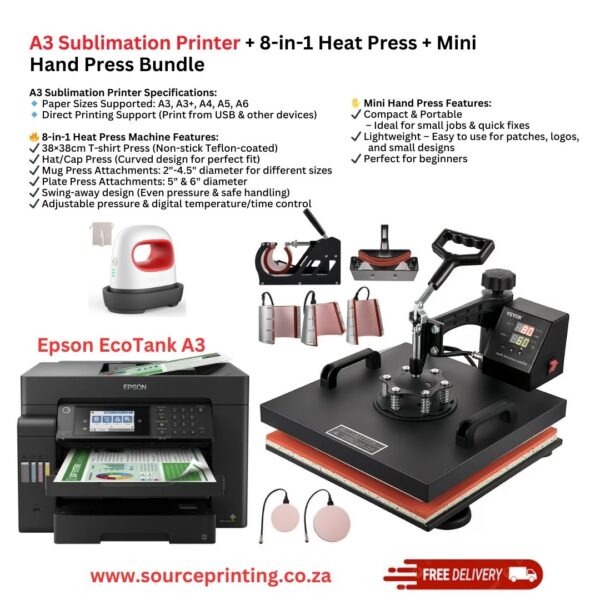 A3 Sublimation Printer + 8-in-1 Heat Press + Mini Hand Press Bundle